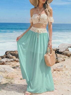 🩵White Crochet Halter Bandeau Top and Sheer Maxi Skirt Set - Pastel Blue